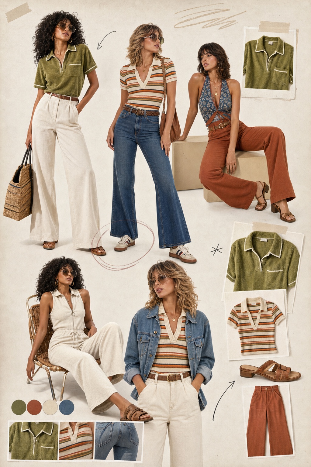 Original editorial fashion plate with fictional adult models wearing striped knits, terry polos, flared jeans and relaxed California separates.