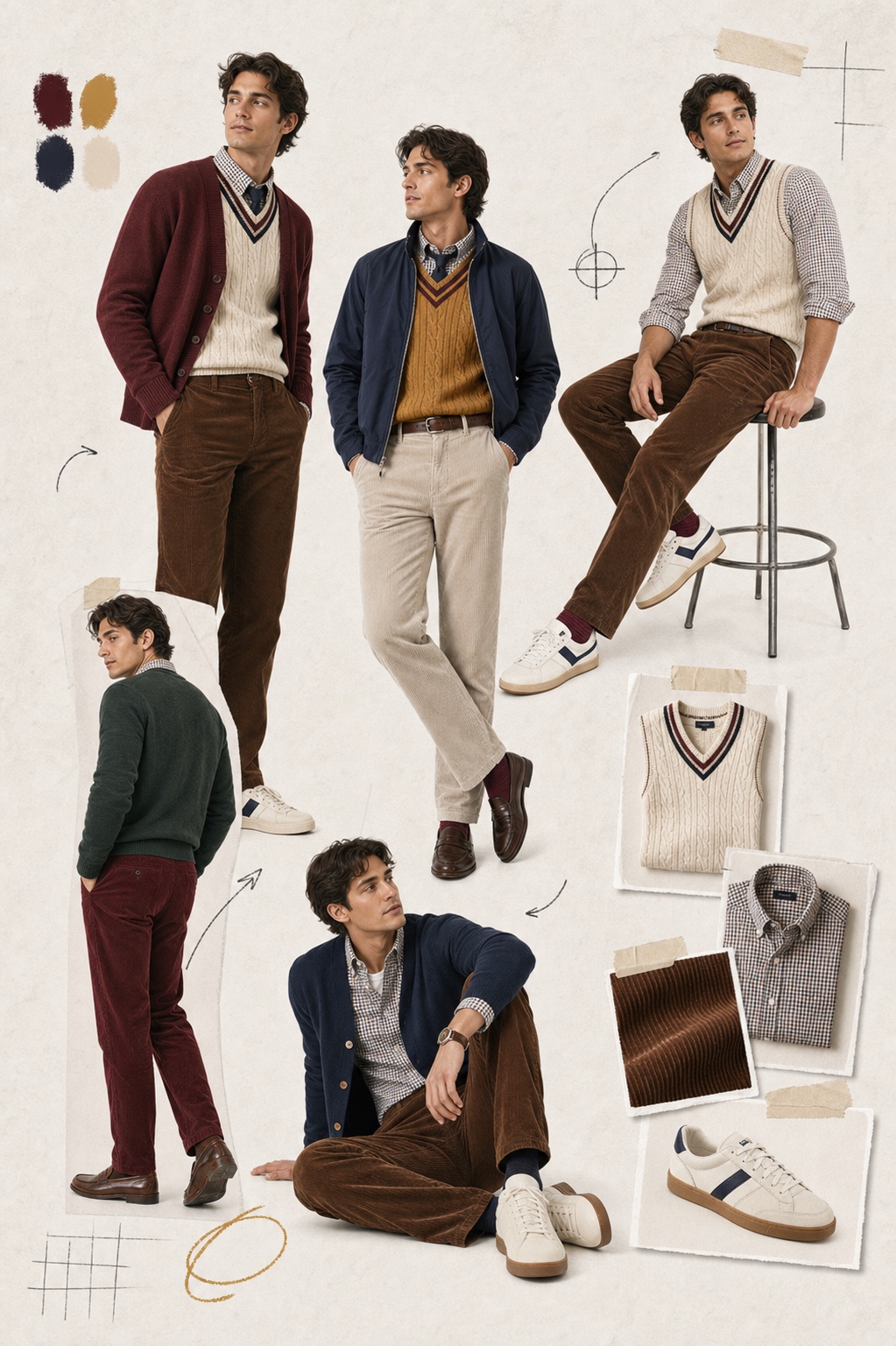Original editorial fashion plate with a fictional adult male model wearing sweater vests, checked shirts, cardigans and corduroy trousers.