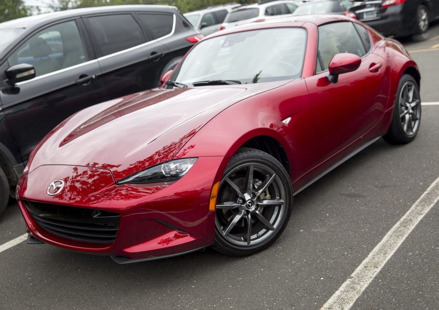 2018 Mazda MX-5 RF in Soul Red Crystal, front three-quarter view.