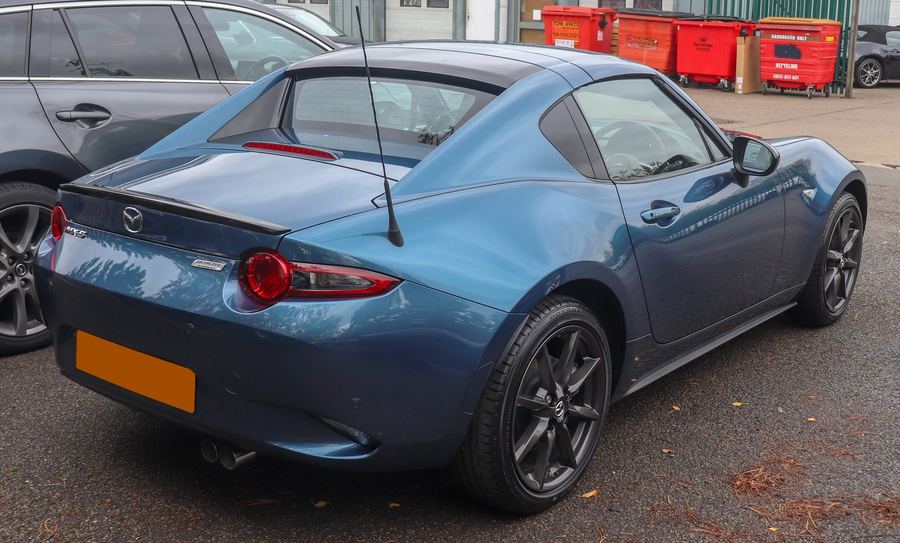 2018 MX-5 RF in blue, rear three-quarter view.
