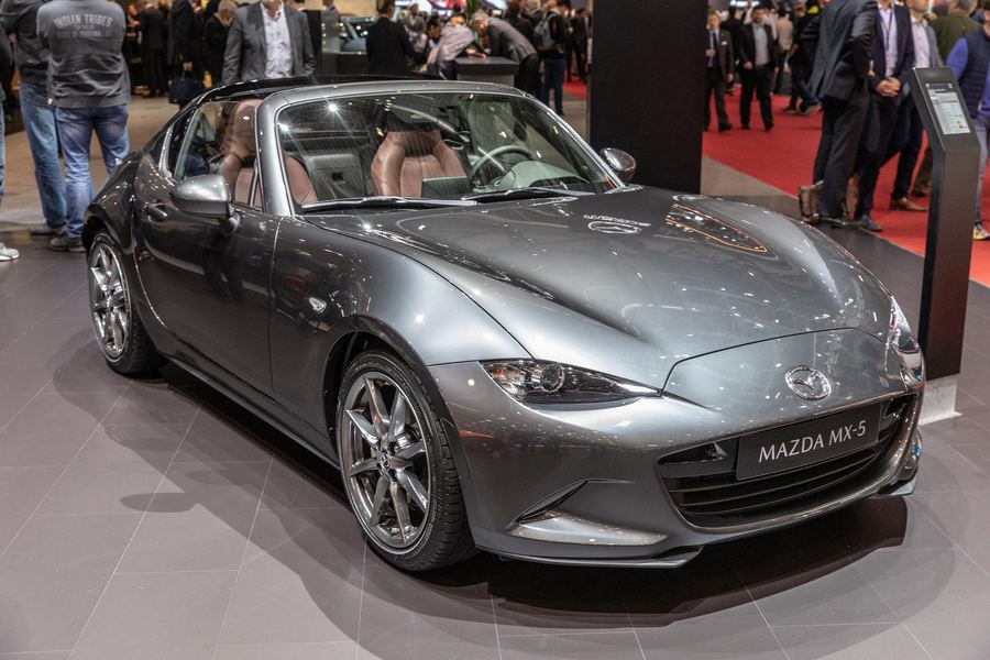 MX-5 RF in grey at the Geneva show, roof open.