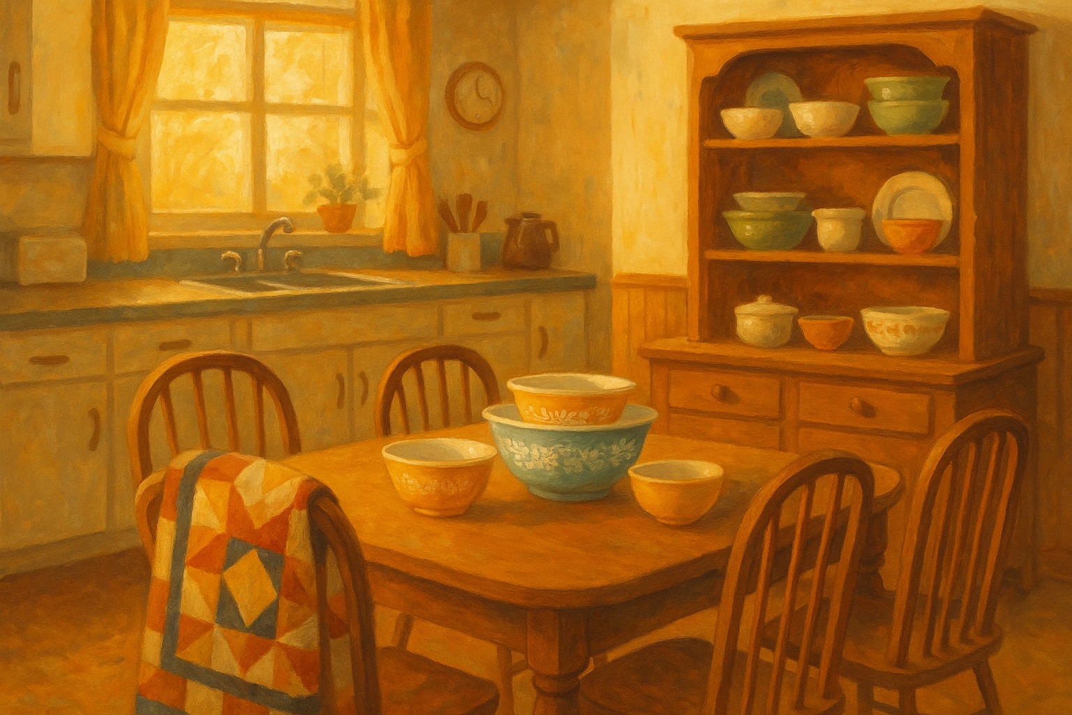 A warm, nostalgic illustration of a grandmother's kitchen with vintage Pyrex bowls, a quilt, and a china hutch.