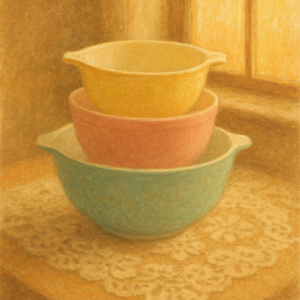 Illustration of a nested set of vintage pastel-colored mixing bowls.