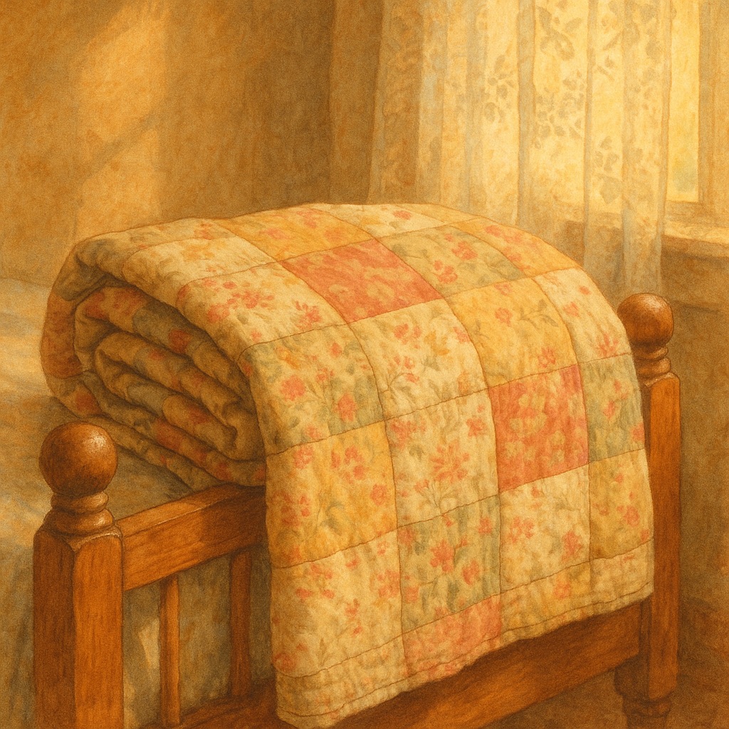 Illustration of a folded handmade patchwork quilt draped over a wooden chair.