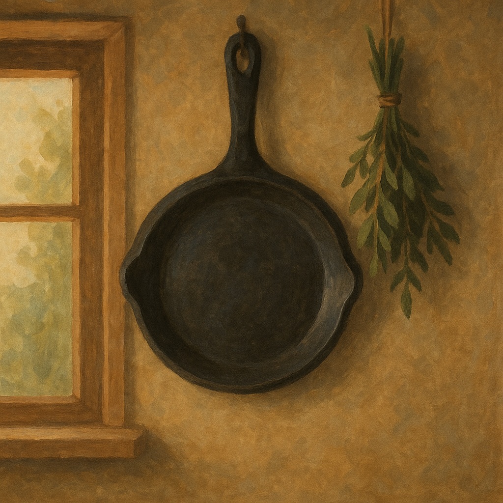 Illustration of a well-seasoned cast iron skillet hanging in a kitchen.