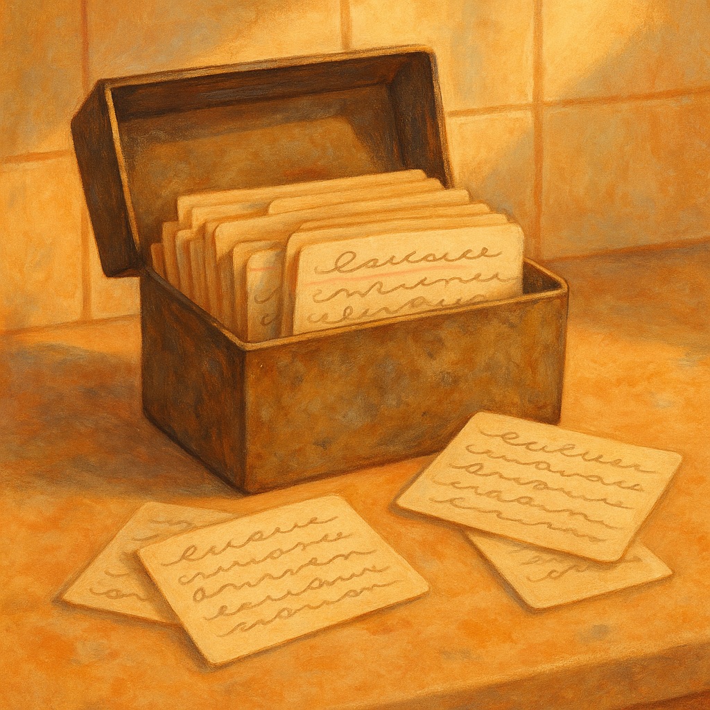 Illustration of an open metal recipe box filled with handwritten index cards.