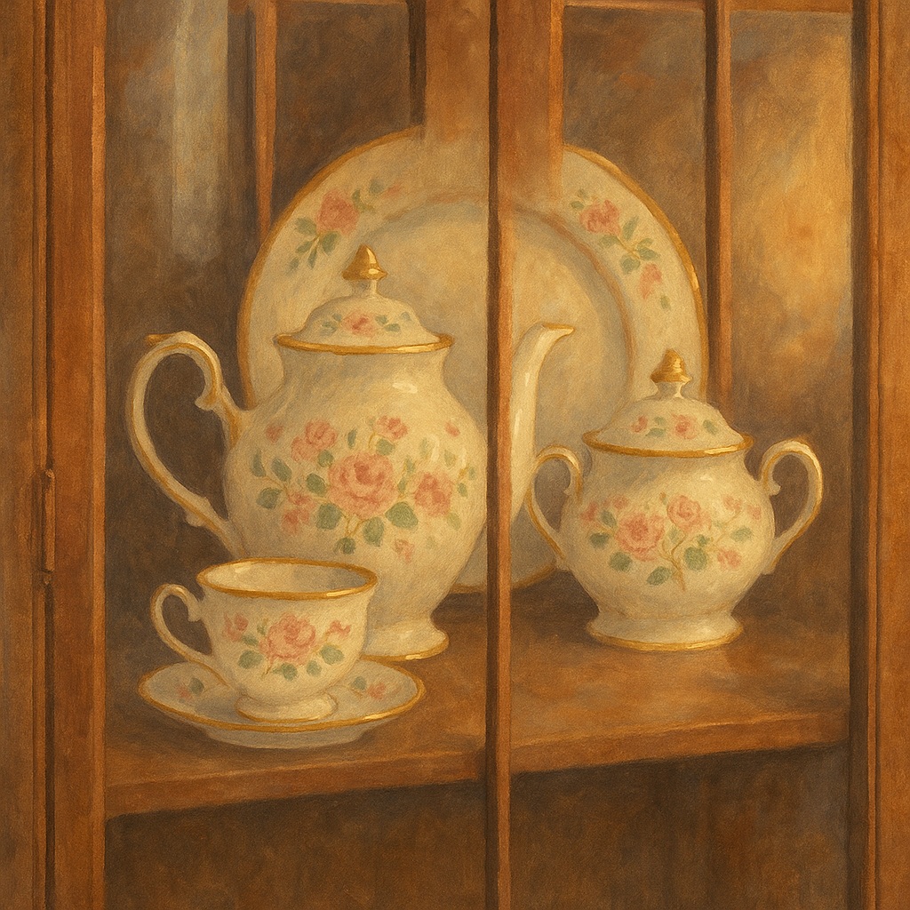 Illustration of an ornate china tea set displayed inside a wooden hutch.