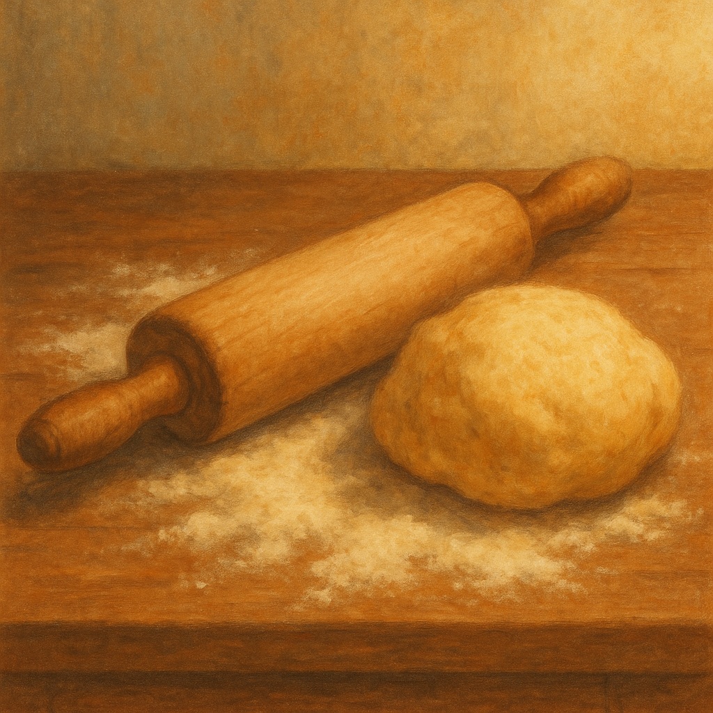 Illustration of a worn wooden rolling pin on a flour-dusted countertop.