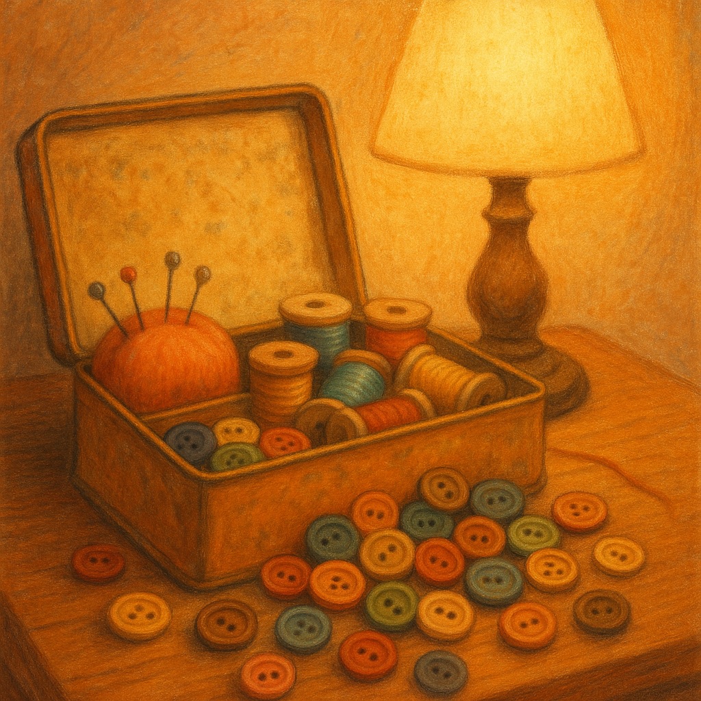 Illustration of an open vintage sewing tin filled with buttons and thread.