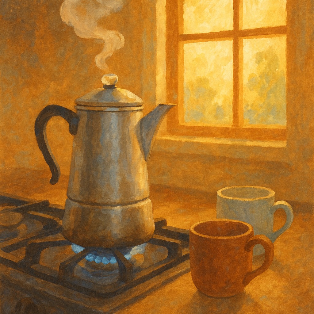 Illustration of a vintage stovetop percolator on a stove with steam rising.