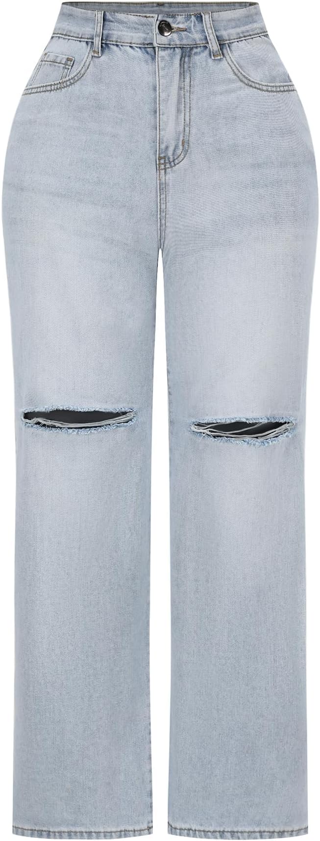 High-waisted light acid-wash denim jeans, real product photo
