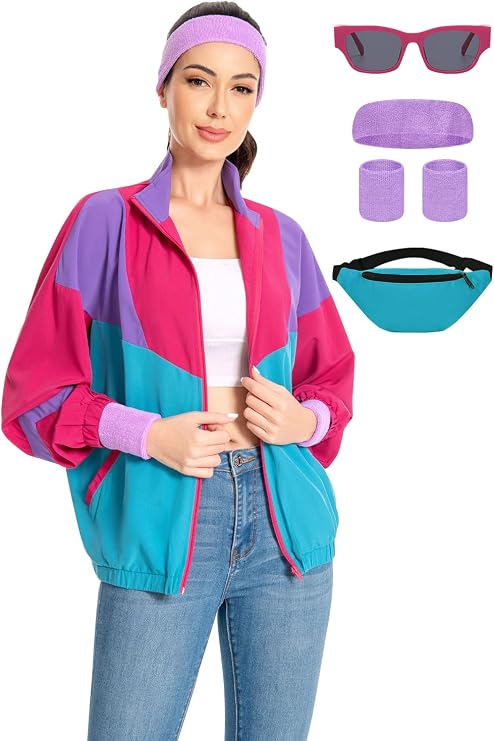 Neon color-block windbreaker jacket with matching accessories, real product photo