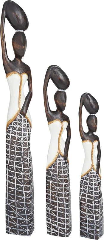 Deco 79 Wood Woman Sculpture, Set of 3 Sculpture 32", 23", 20"H, Brown | Decorative Woman Standing African Home Decor Statues With Baskets On Their Heads Statue Figurine