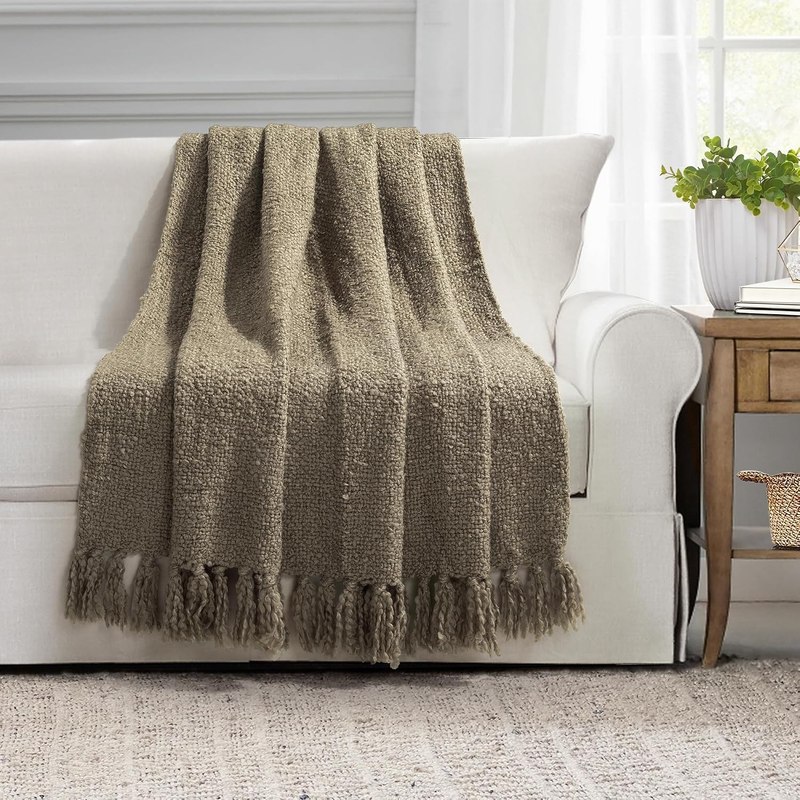 Lush Decor Tulum Boucle Textured Woven Fringed Throw Blanket Single 50" W x 60" L Neutral - Soft Cozy Blanket for Bed, Couch Or Chair - Modern Boho Home Decor