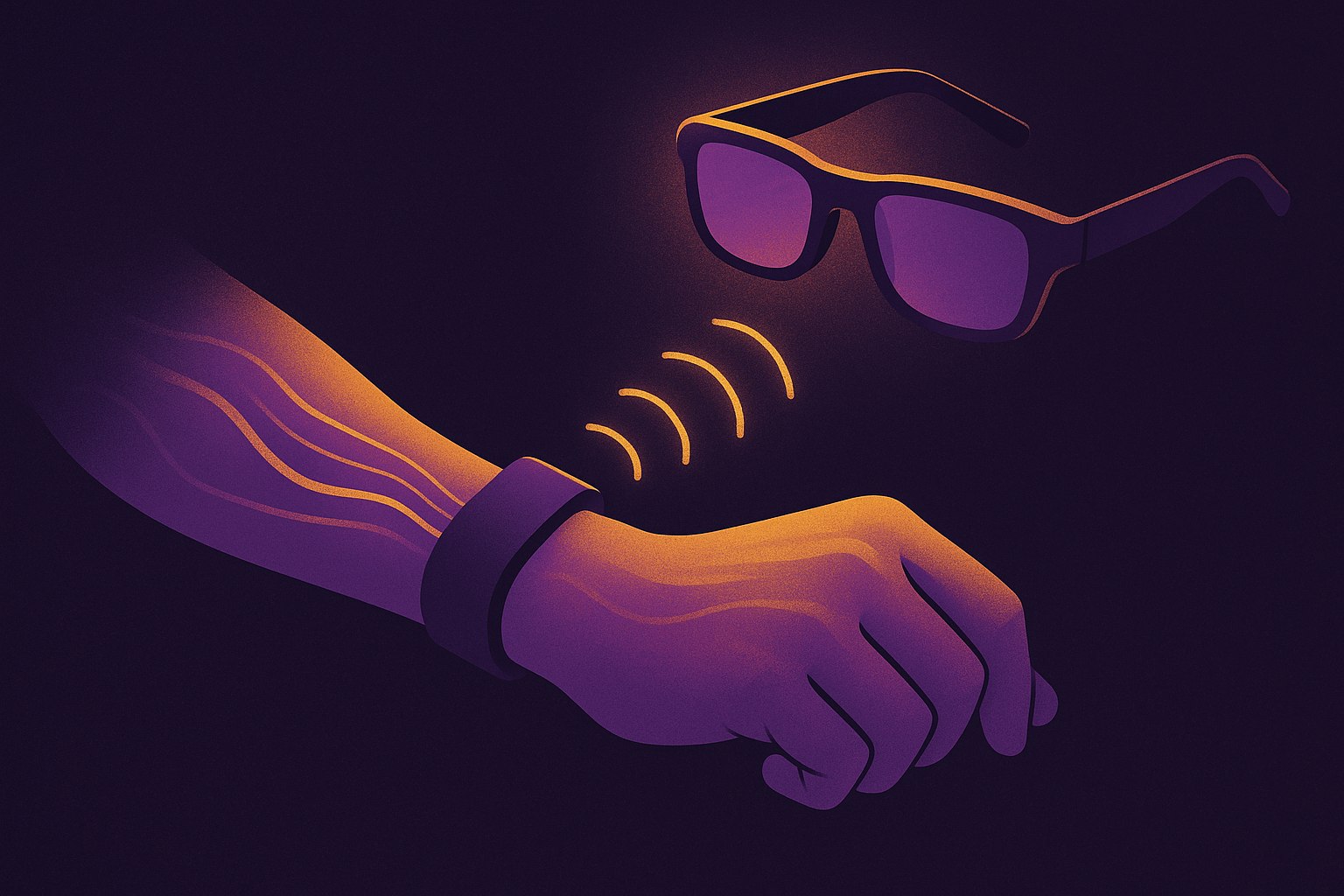Illustration explaining how a neural wristband reads muscle signals to control smart glasses.
