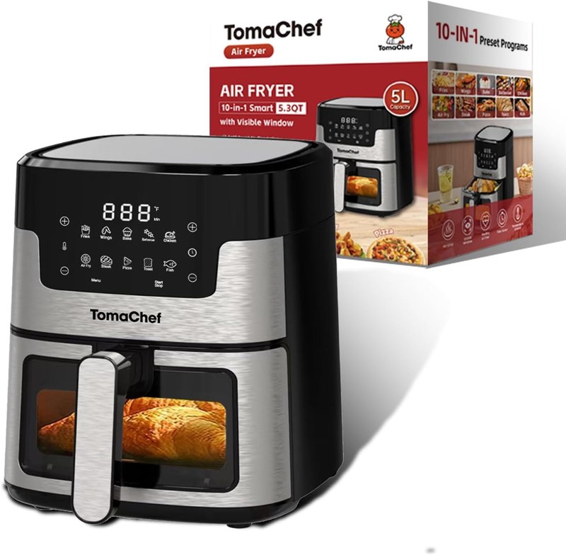 TomaChef Air Fryer 5.3QT with Visible Window, 10-in-1 Digital Cooker(Black)