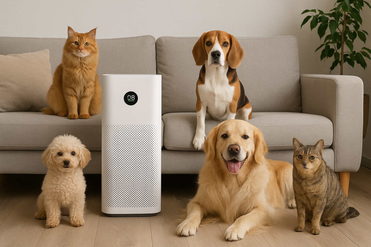 Cats and dogs beside an air purifier in a living room