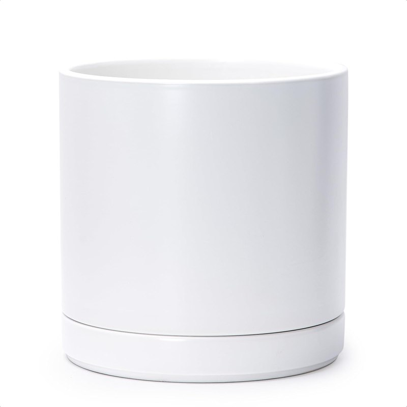 D'vine Dev 10 Inch Ceramic Planter Pot, White, 94-O-E-1 | Modern Cylinder Design, Drainage Hole & Saucer Included, Stable Structure, Elegant Home Accent