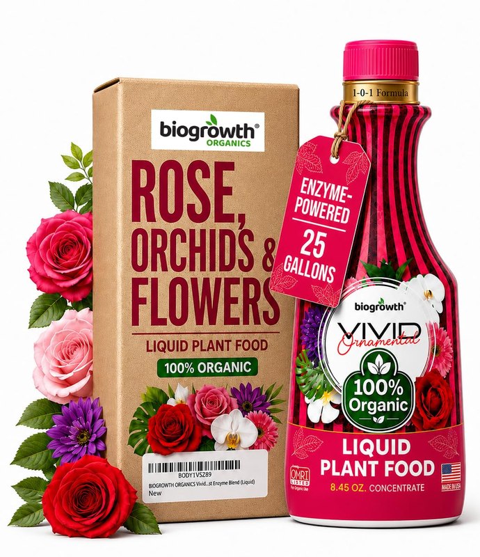 Organic Liquid Fertilizer for Flowers, Lawns & Ornamentals - Biogrowth Vivid Bloom Booster, Indoor & Outdoor Plant Food, 8.45oz (1-0-1) Ultra Concentrated Enzyme Blend Plant Food & Vitamin