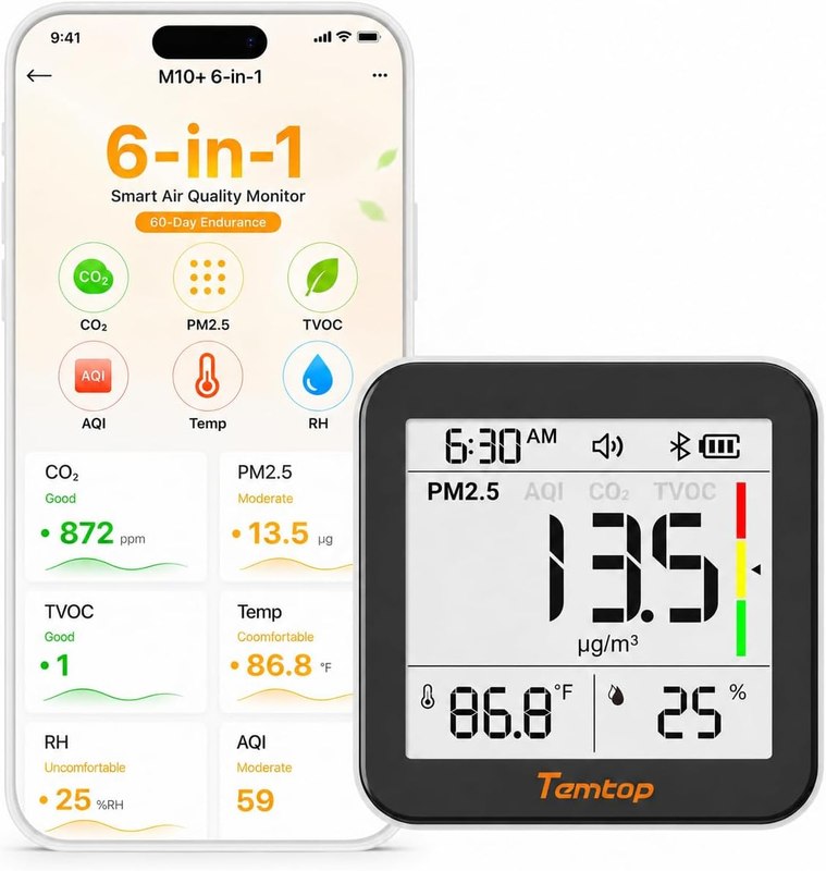 Temtop M10+ 6-in-1 CO2 Meter & Indoor Air Quality Monitor | PM2.5, TVOC, AQI, E-Ink Display, 60-Day Battery, App Temperature & Humidity for Home Bedroom Office