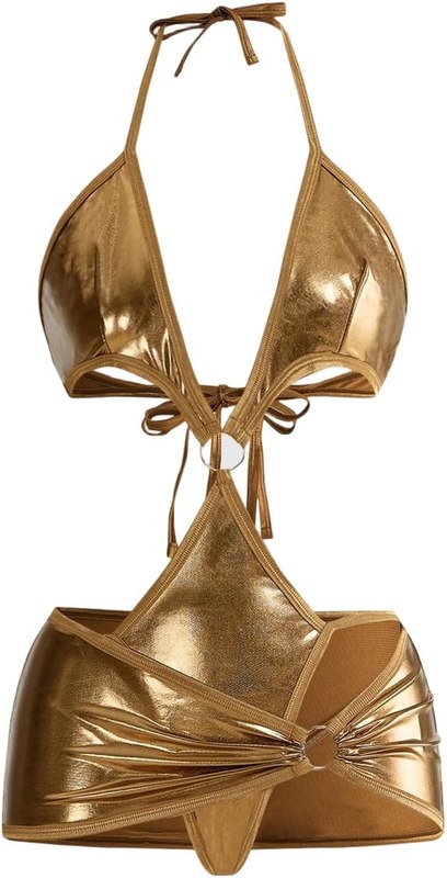 SOLY HUX Women's Metallic Lingerie Y2k Halter Teddy Bodysuit with Skirt | Thong Bodysuit Lingerie, 2 Piece, Sexy Nightwear, Boudoir Outfit, Exotic Lingerie Sets, Sparkly
