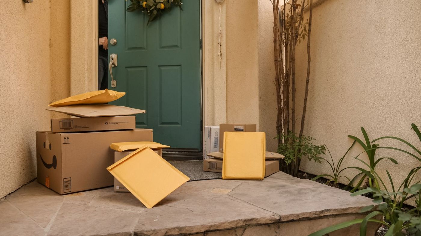 Cardboard boxes delivered to a front door