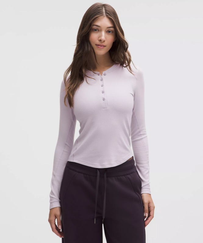 lululemon Hold Tight Long-Sleeve Henley in lavender, real product photo.