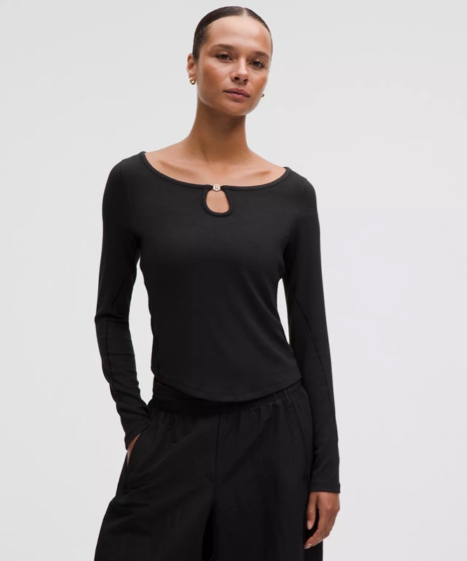 lululemon Hold Tight Keyhole Neck Long-Sleeve Shirt in black, real product photo.