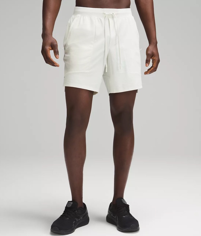 lululemon License to Train Linerless Short 5 inch in white, men's, real product photo.