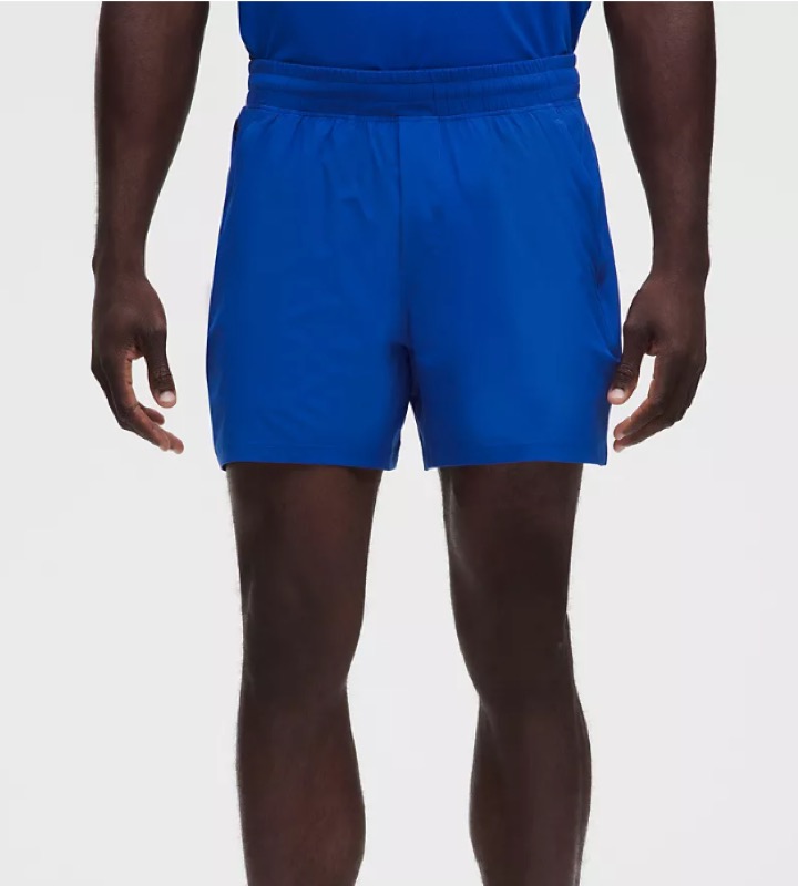 lululemon Pace Breaker Linerless Short 5 inch in blue, men's, real product photo.