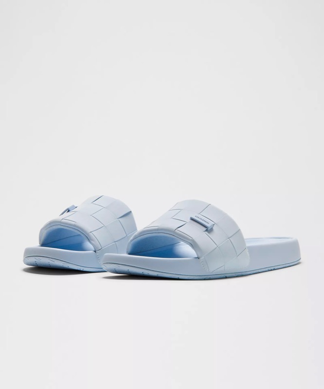 lululemon Restfeel Woven Slide in light blue, real product photo.
