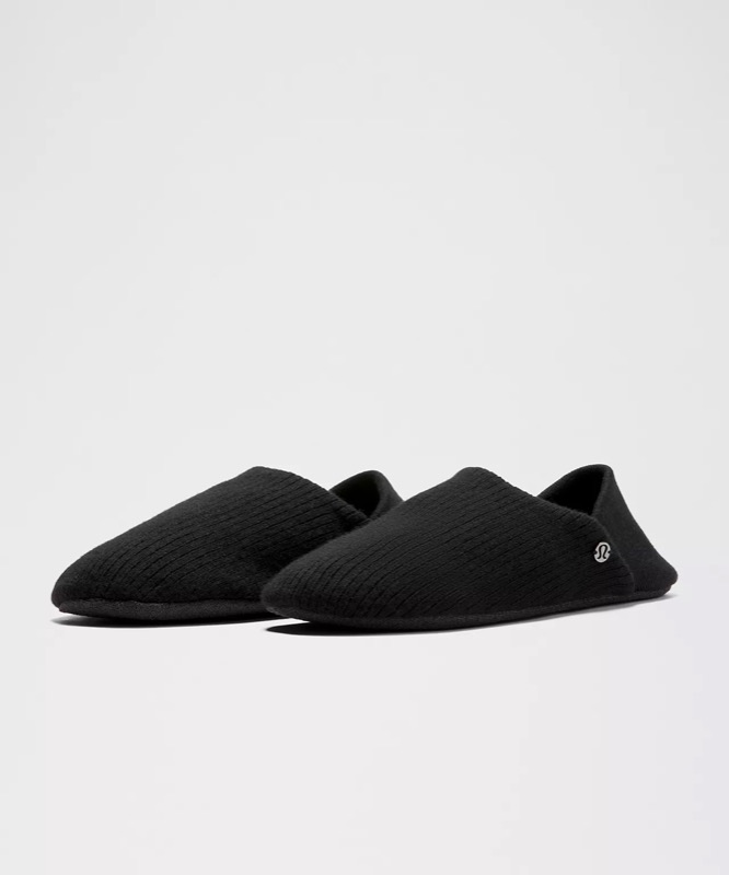 lululemon Cashmere and Wool Slippers in black, real product photo.