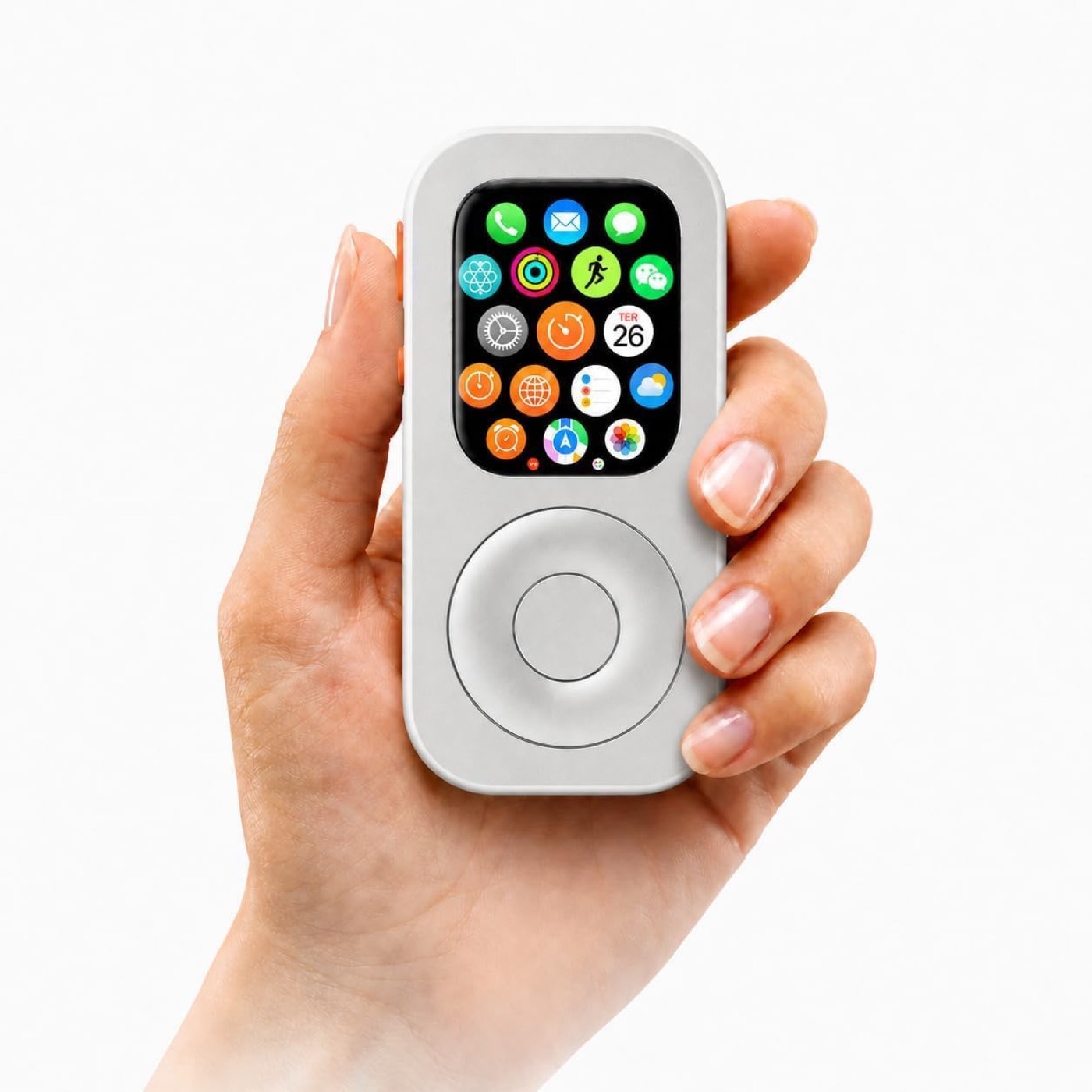 A hand holding an Apple Watch fitted into a RePod aluminum click-wheel case, showing the retro iPod-style scroll wheel and app-grid screen.