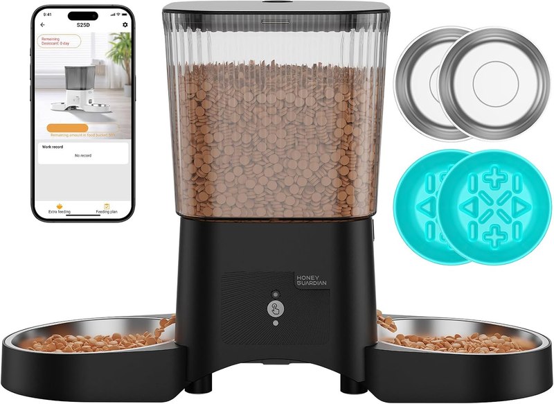 HoneyGuaridan Automatic Cat Feeder for 2 Cats,2.4G/5G WiFi APP Control | Dual Cat Food Dispenser for Multiple Cats,2 Stainless Steel Bowls & 2 Slow Feeder Anti-Choking Bowls, Dual Power