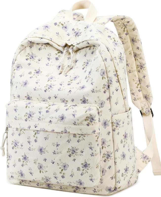BTOOP School Backpack for Girls Teens Large Corduroy Bookbag Lightweight 15.6 inch Laptop Bag for Women Casual High School College (Purple Floral)