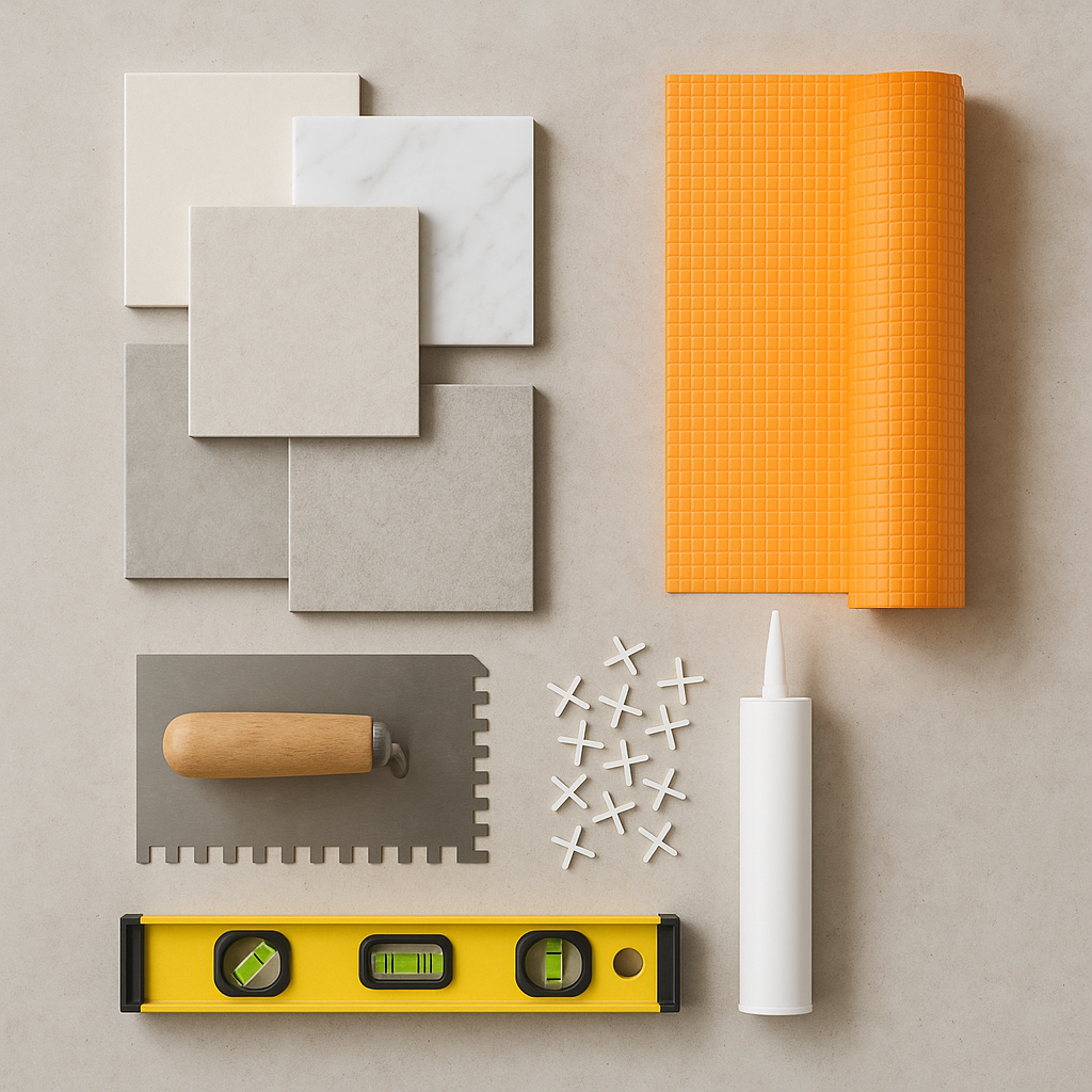Flat lay of waterproof shower tile installation supplies: membrane, trowel, spacers, caulk