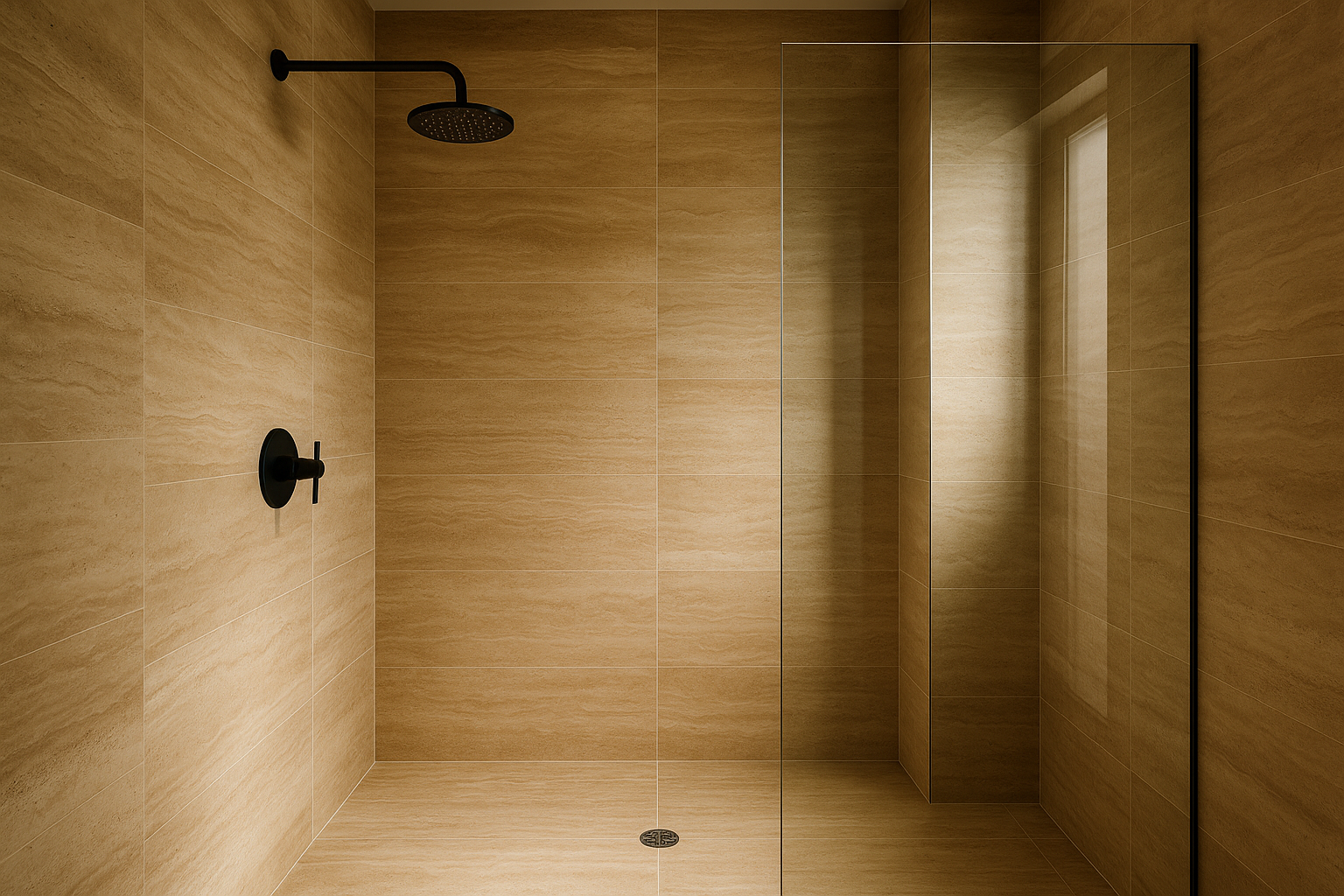 Luxury walk-in shower with large-format warm travertine tile walls