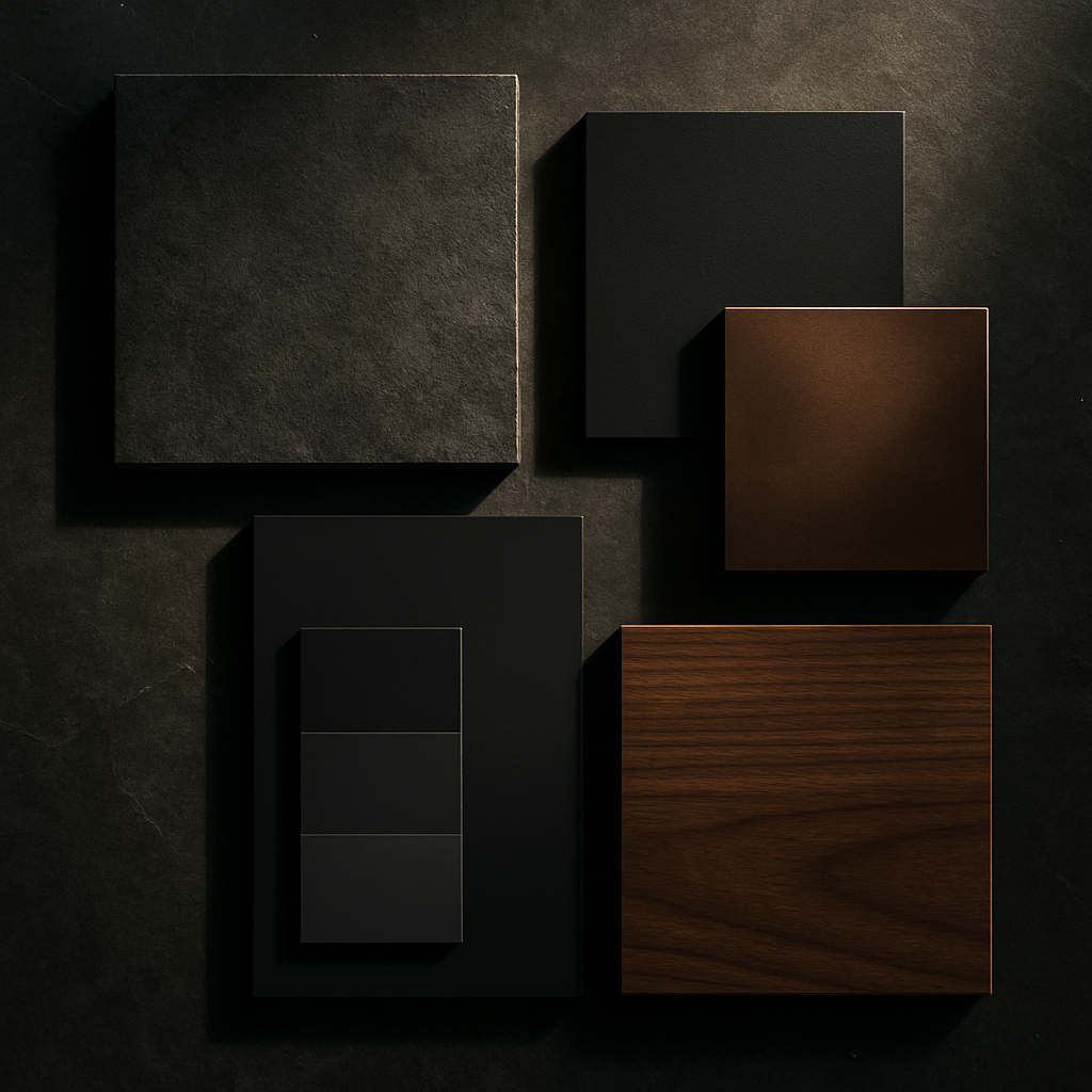 Moody dramatic color palette mood board: charcoal, black, bronze, walnut