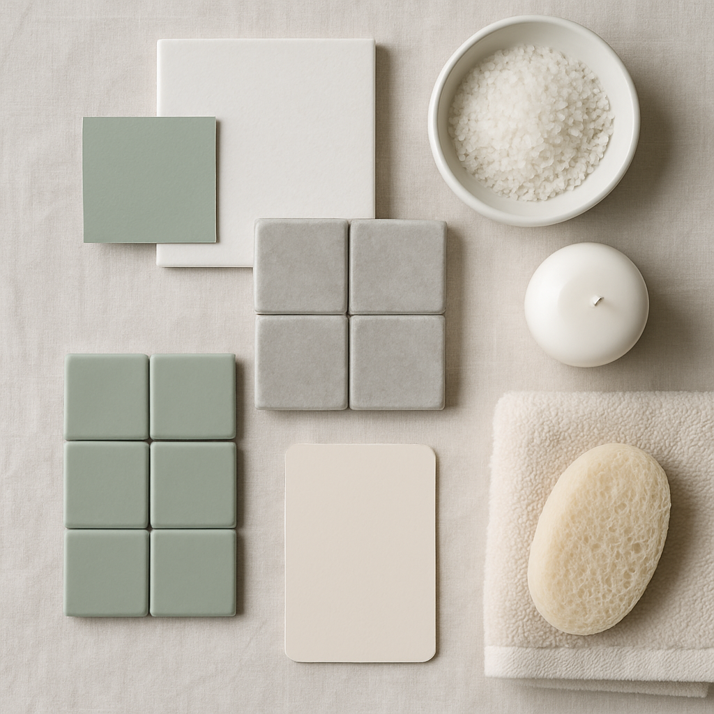 Serene spa color palette mood board: sage, chalky white, stone gray, sand