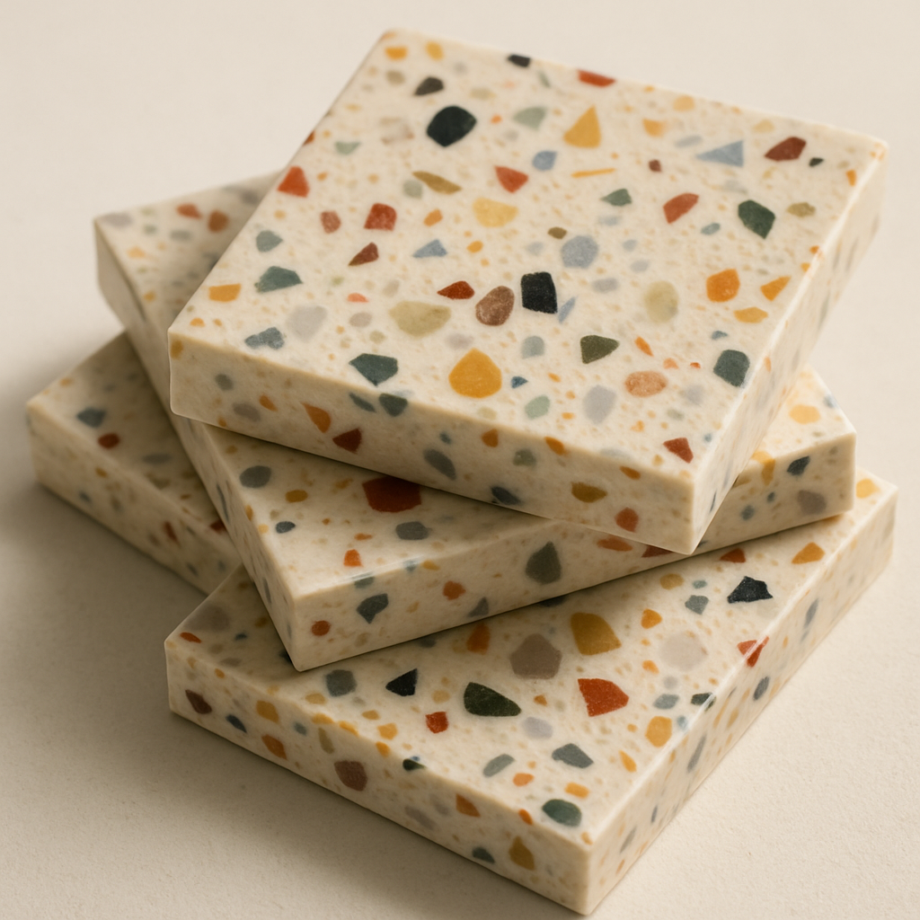 Terrazzo tile samples with colorful flecks of marble and quartz