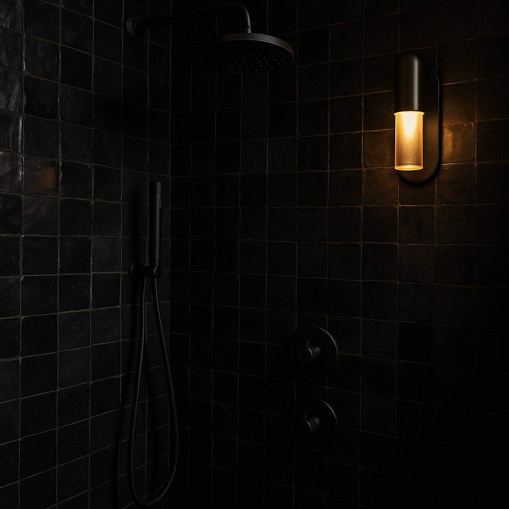 Moody dark bathroom shower with charcoal textured tile and brass accent light