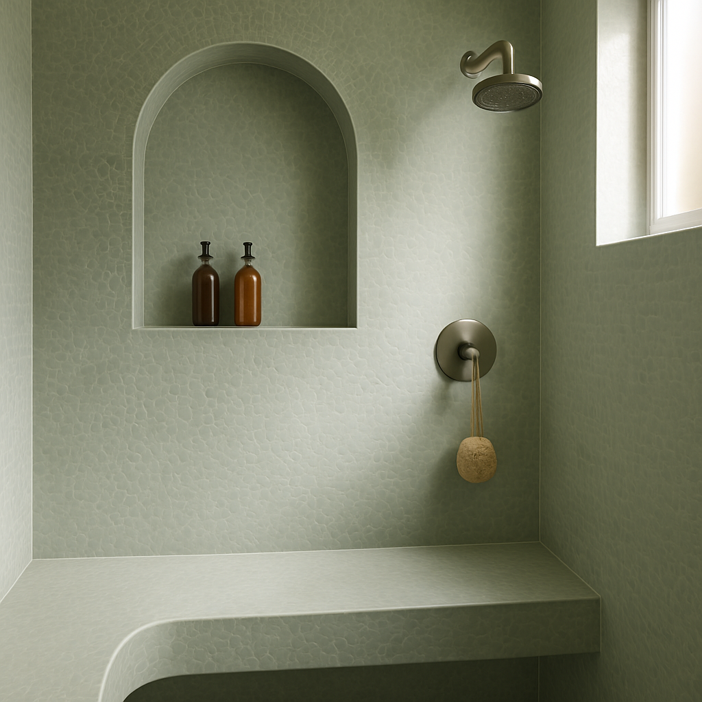 Spa-like bathroom shower with a curved tiled niche and bench in sage green pebble tile
