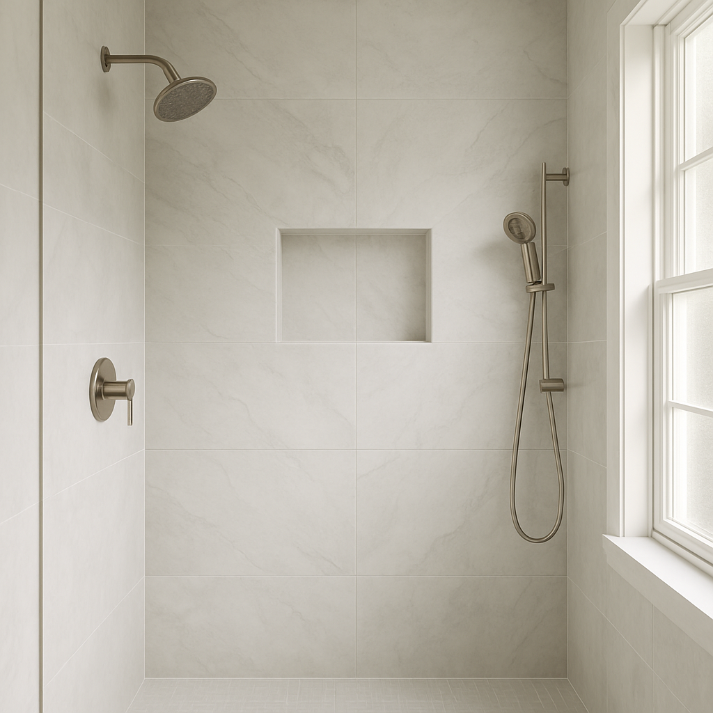 Bright bathroom shower with large-format light gray bookmatched tile