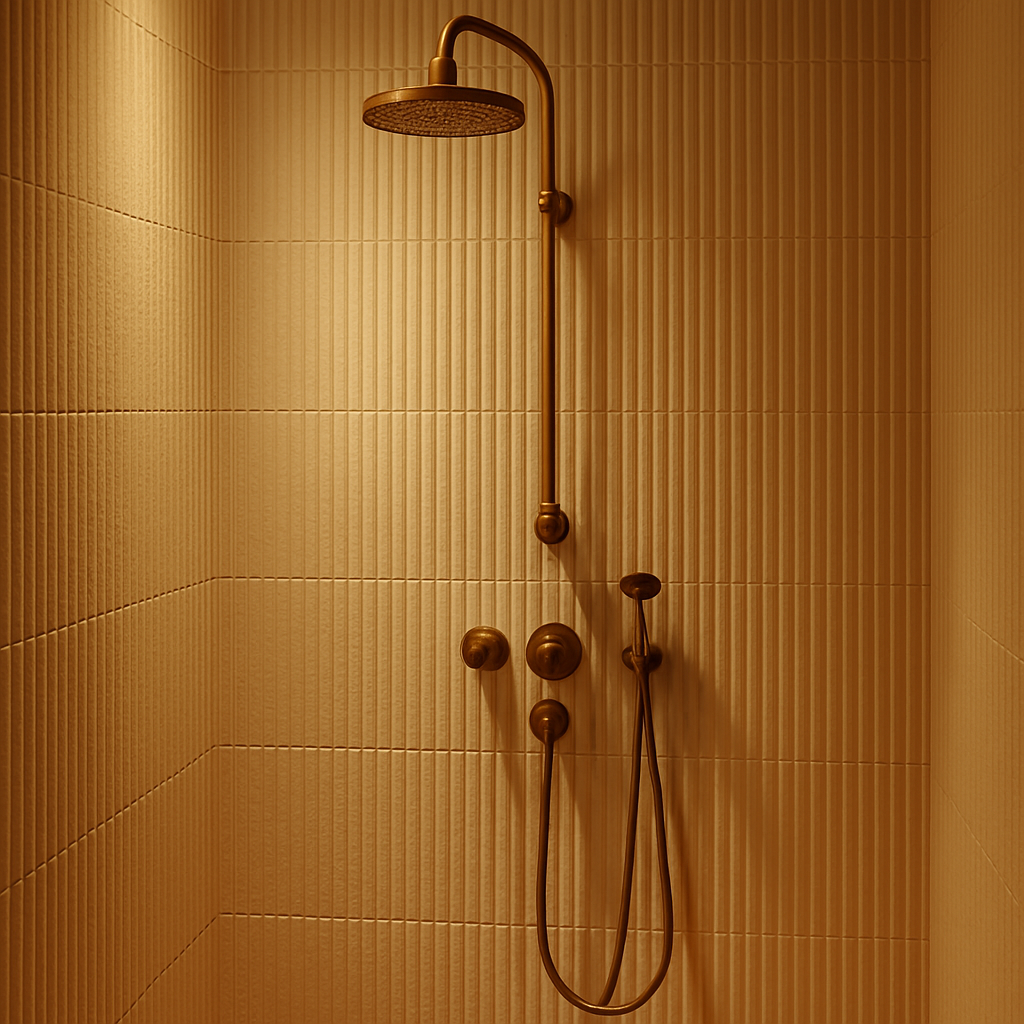 Bathroom shower with vertical fluted ribbed tile in warm cream