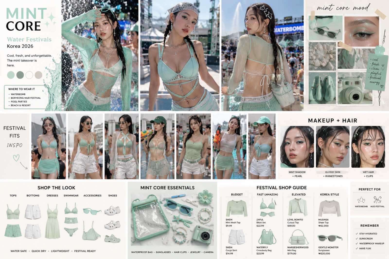 Mint Core water-festival style guide for Korea 2026 — festival fits, makeup and hair, and a budget-to-Korea-style shop guide