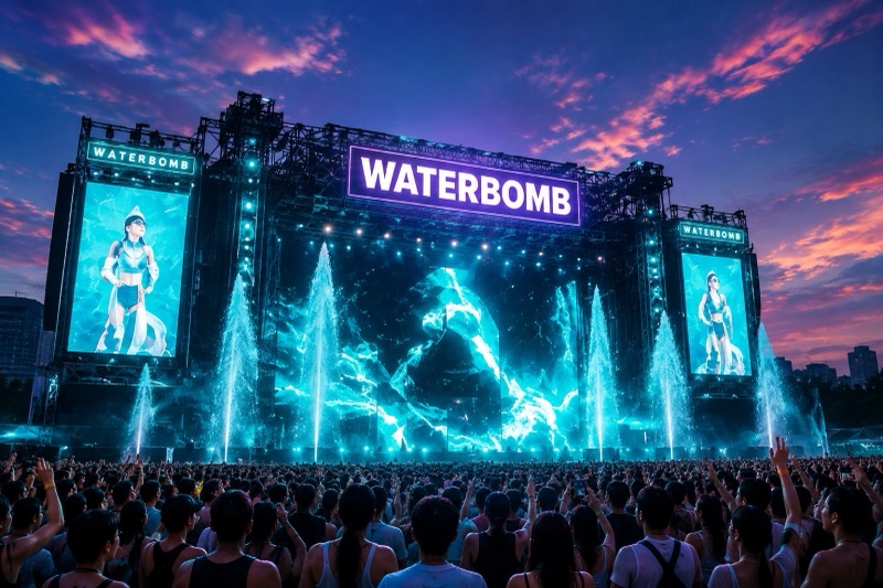 WATERBOMB festival stage at dusk — Korea pool-party swimwear 2026
