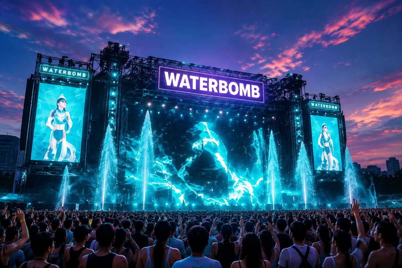 The WATERBOMB festival main stage at dusk — teal water jets over a huge crowd in Korea, 2026