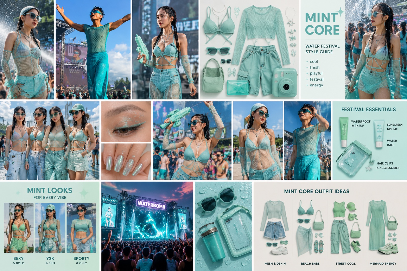 Mint Core outfit ideas for Korea's 2026 water festivals — mesh & denim, beach babe, street cool and mermaid-energy looks