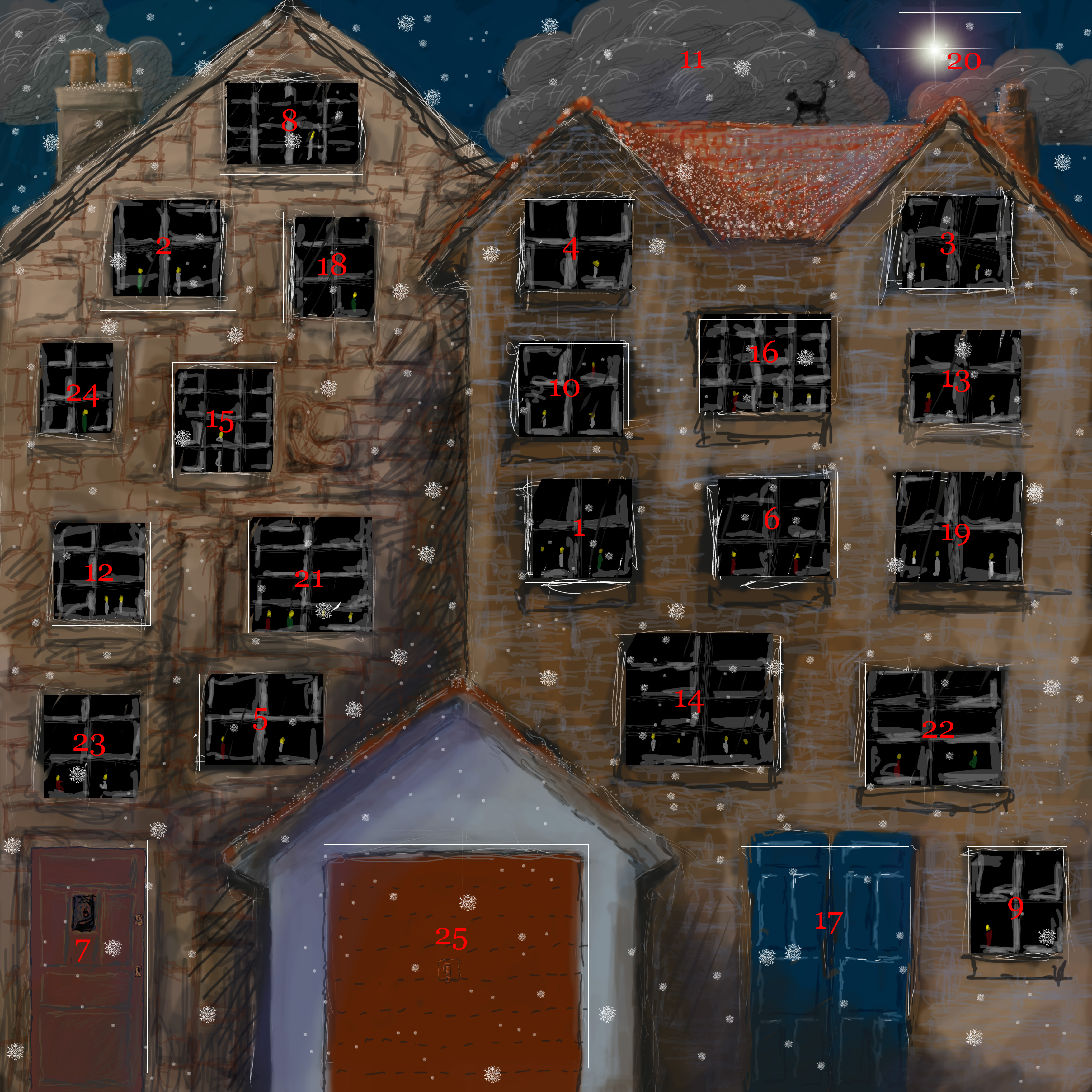 A completed paper advent calendar with small numbered doors that open to reveal illustrations, a real photograph.