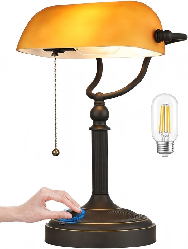 Matted Amber Stepless Dimmable Glass Bankers Desk Lamp
